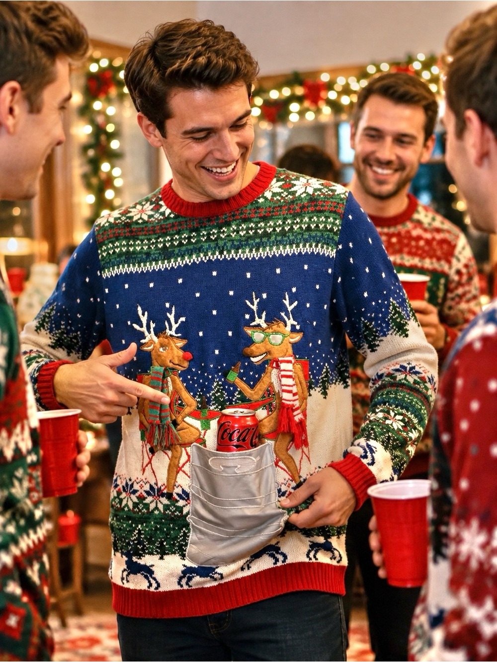 Ugly Christmas Sweater Reindeer Party Beverage Cup Pocket 33 Degrees Sz XXL